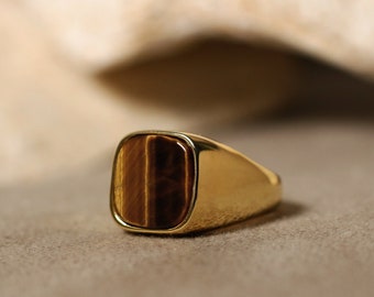 Anillo de sello de ojo de tigre para hombres en oro macizo, anillo de piedra marrón con corte de cojín para el marido, anillo de oro de boda único, anillo de declaración, regalo de papá