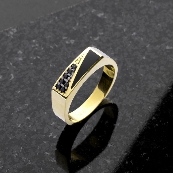 Black Onyx Mens Wedding Band Ring, 14K Gold Mens Engagement Ring, Promise Ring For Him, Eternity Band, Gold Gemstone Ring, Boyfriend Gift