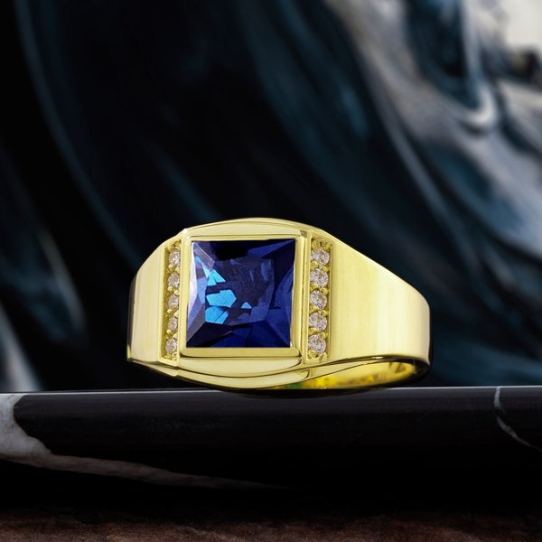 Gold Blue Sapphire Ring, Mens Wedding Band, Gemstone Rings For Men, Gold Signet Ring, 14K Gold Pinky Ring, Mens Emerald Ring, Birthday Gift