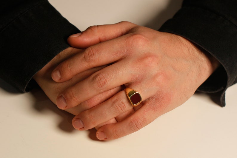Anillo de ágata verde cojín para hombres, anillo de piedra de oro de 14K 18K para novio, anillo de plata para hombres, anillo de sello de piedras preciosas, joyería delicada, regalo único imagen 7