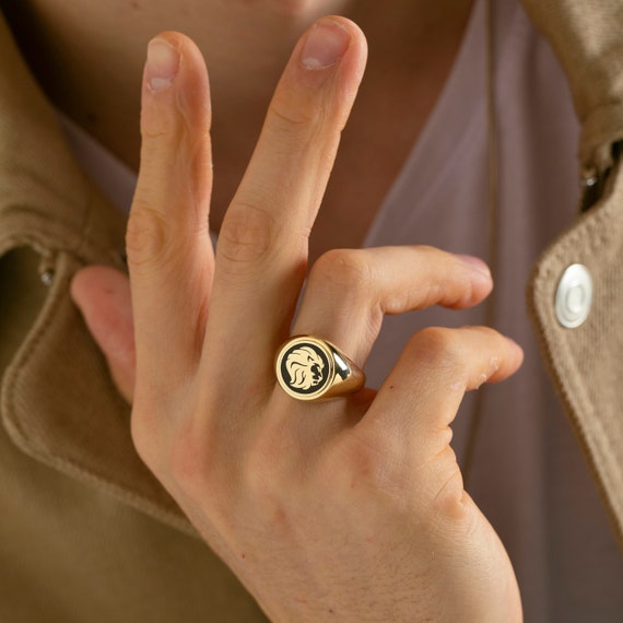 Lion on Black Onyx Gold Signet Ring 14K Gold Leo Mens Ring Gold