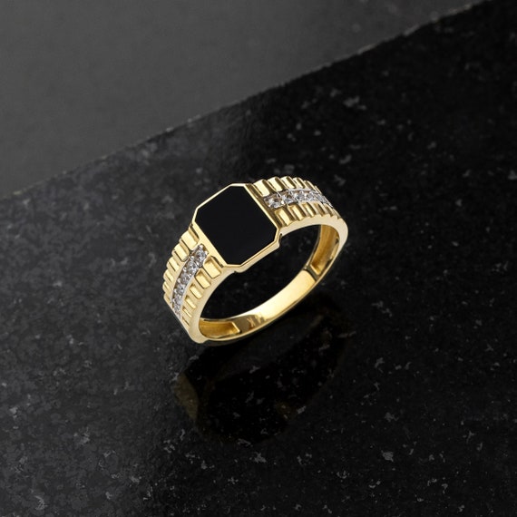 Dainty Gold Watch Band Ring With Onyx 14K Gold Mens Wedding Etsy