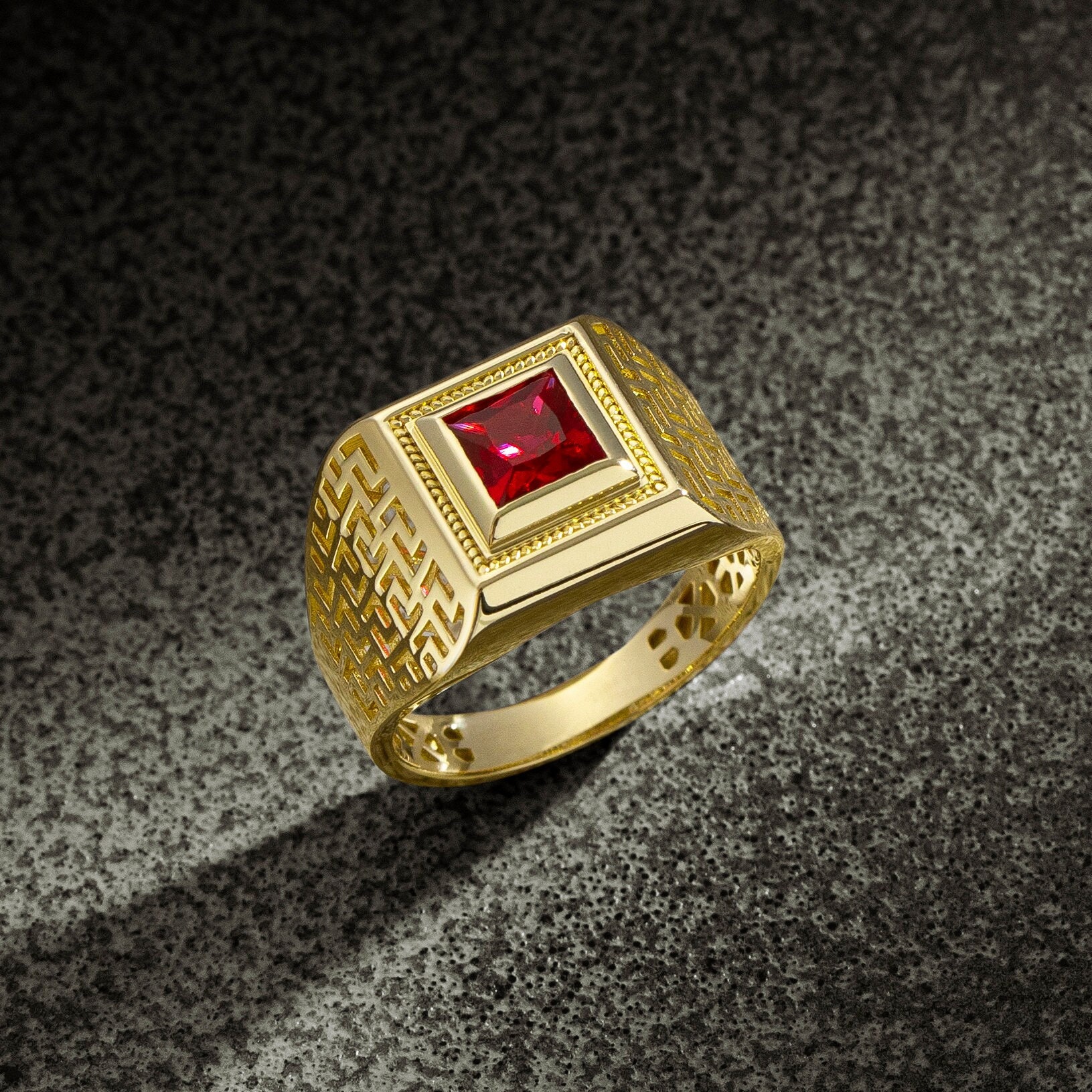 Mens gold ring with red best sale ruby