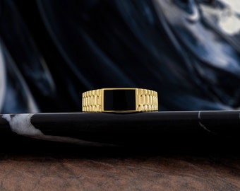 Gold Onyx Stein Herren Band Ring, 14K Gold Herren Verlobungsring, schwarzer Edelstein Ring für ihn, Freund Ring, Jahrestag Geschenk für Mann