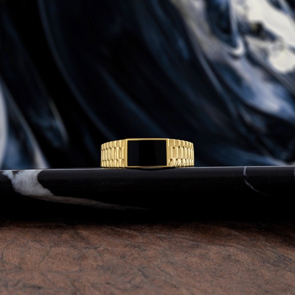 Gold Onyx Stone Mens Band Ring, 14K Gold Mens Engagement Ring, Black Gemstone Ring For Him, Boyfriend Ring, Anniversary Gift For Husband