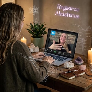 May include: A person using a laptop for a video call, with the words "Registros Akashicos" in the background. The table has candles, crystals, a notebook, and a pen. A plant is also visible.