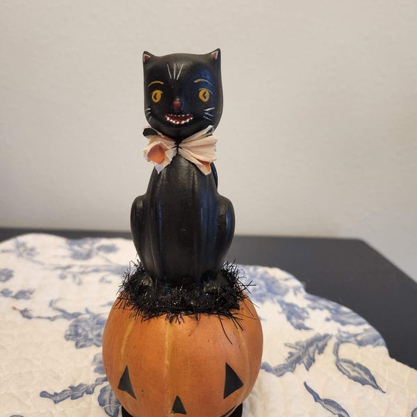 Bethany Lowe Vintage Inspired Black Cat on Pumpkin