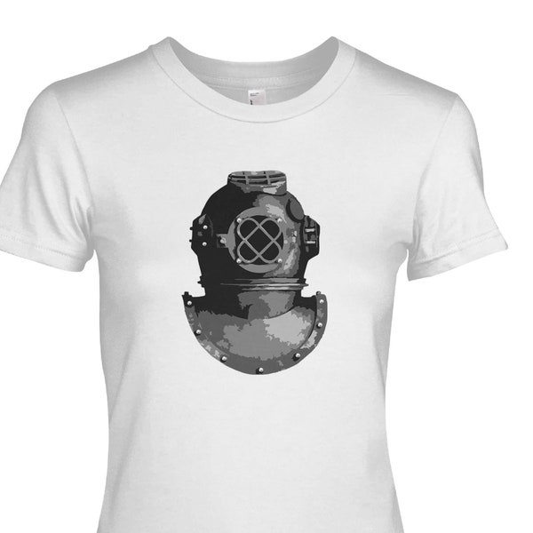 Metal Rhinestud & print - antique Diving Helmet Steam Punk design - scuba diving T-shirt for men, ladies and kids.