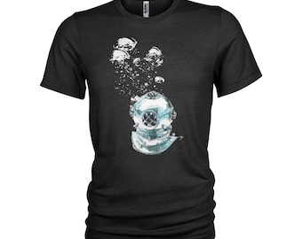 Antique diving helmet and bubbles scuba diving design inspired T-shirt Mens, Ladies & kids sizes. 100% cotton.