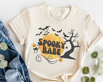 Cute Halloween Shirt, Spooky Babe Shirt, Trick or Treat Witch hat Shark Shirt, , Cute pumpkin Spider gift for her