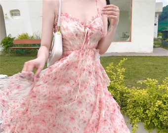 Chiffon Dress Pink Floral Dress Tea 
