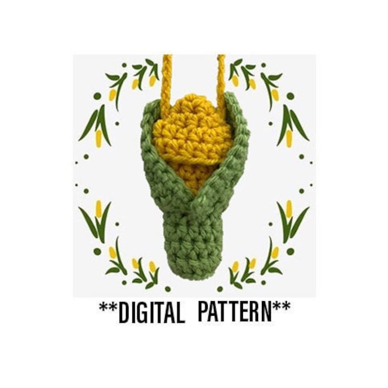 K&ouml;nnte beinhalten: H&auml;kelanleitung f&uuml;r ein Mais-Amigurumi. Das Muster ist digital und enth&auml;lt Anweisungen f&uuml;r die Herstellung eines gelben Maiskolbens mit gr&uuml;nen H&uuml;llen.