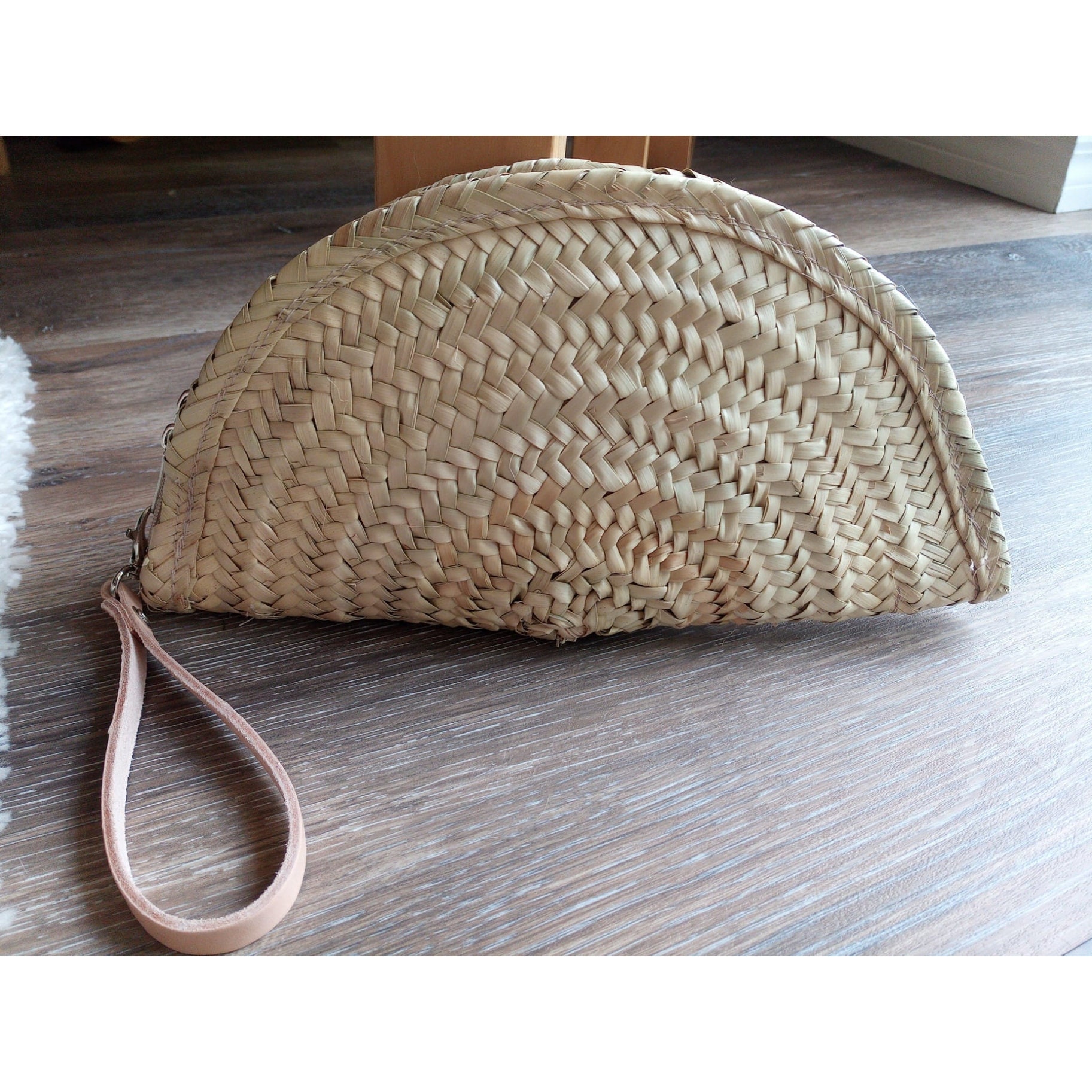 Half Moon Straw Clutch Purse With Zip Closure and Handle Etsy