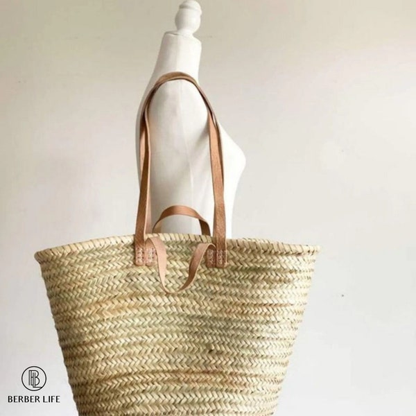 Shoulder Bags STRAW BAG Handmade with leather, French Market Basket, french market bag, grocery market bag