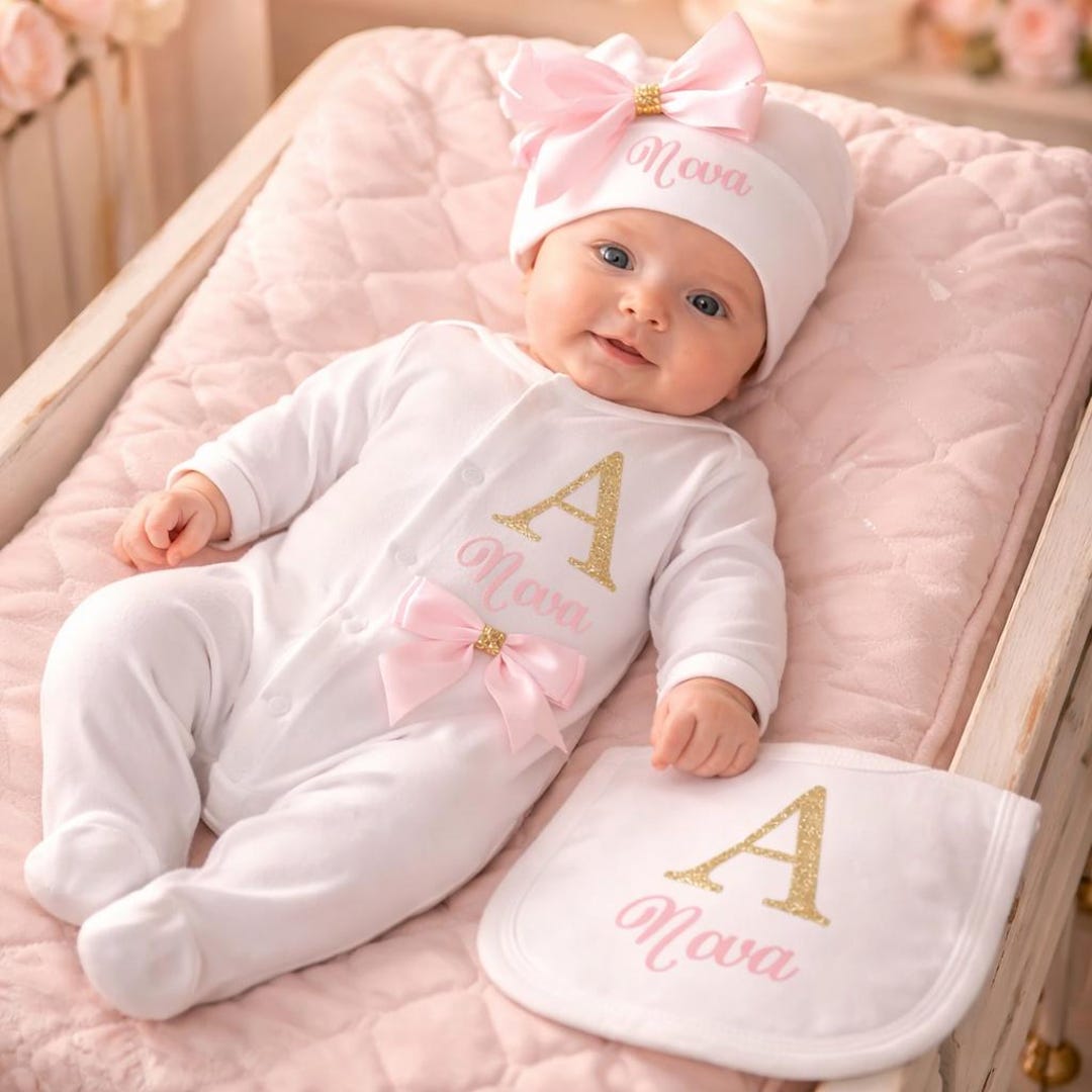 Newborn Baby Boy Girl Blue Pink Personalised a FULL SET is Babygrow Hat ...