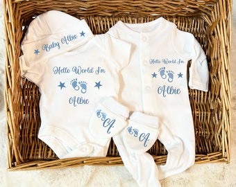 Newborn baby boy homecoming set, sleep, suit, bodysuit, hat, scratch mittens any name  Personalised gift