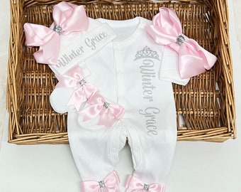 Newborn baby homecoming sleepsuit hat mitts headband set, any name  Personalised gift