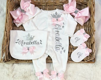 Newborn baby girl homecoming set, sleep suit, Hats, bib, scratch, mitts, exclusive luxury bows  any name  Personalised gift