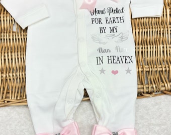 HAND PICKED FOR Earth  grandad nanny great grandparents grandparents Heaven Newborn baby homecoming sleepsuit bows