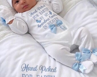 Handpicked Heaven Newborn baby a FULL SET is Romper hat mitts. EXTRAS add a Personalised teddy a blanket or suitcase 2nd picture original
