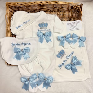Newborn baby boy homecoming Luxury set sleepsuit/babygrow bib mitts hat, any name  Personalised  add a blanket or gift bag