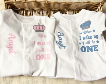 When I wake up, I will be one or two sleep suit, Babygrow, personalised birthday, any name any character baby girl or boy