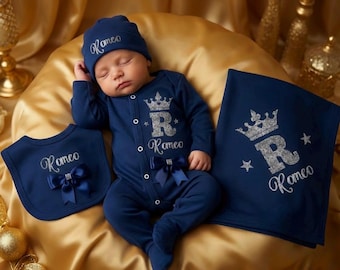 Newborn Baby boy a FULL SET is Sleepsuit hat bib.EXTRAS add a blanket or accessories set keepsake suitcase 2nd pic is original