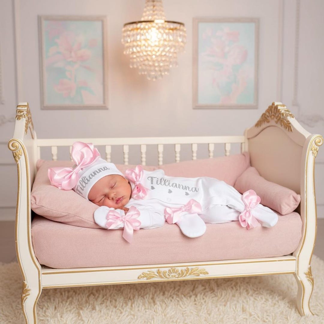Personalised Baby Hospital Set – White Cotton Romper, Cap & Mittens With Crown