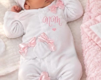 Newborn baby girl FULL SET sleepsuit hat mitts headband. EXTRAS Add accessory set or blanket or suitcase  or gift box 2nd pic original
