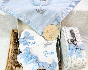 Baby boy hamper newborn HELLO WORLD memory box keepsake suitcase personalised gift sleepsuit/Babygrow hat blue comforter, mitts bows