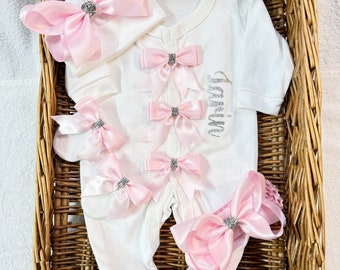 Newborn baby girl LUXURIOUS good quality homecoming set sleep suit, hat, scratch, mittens, headband, any name  Personalised gift