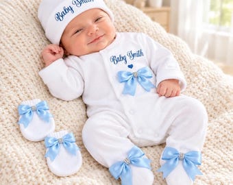 Newborn baby  FULL SET printed sleepsuit hat headband mitts. EXTRAS add a bunny or blanket Or case or gift box 2nd pic is original