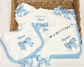 Newborn baby homecoming set, sleepsuit, blanket, hat, bib silicone teething Dummy Clip any name  Personalised gift
