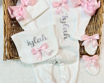 Newborn baby girl  homecoming set sleep suit, hat, scratch, mittens, bib headband, any name  Personalised gift