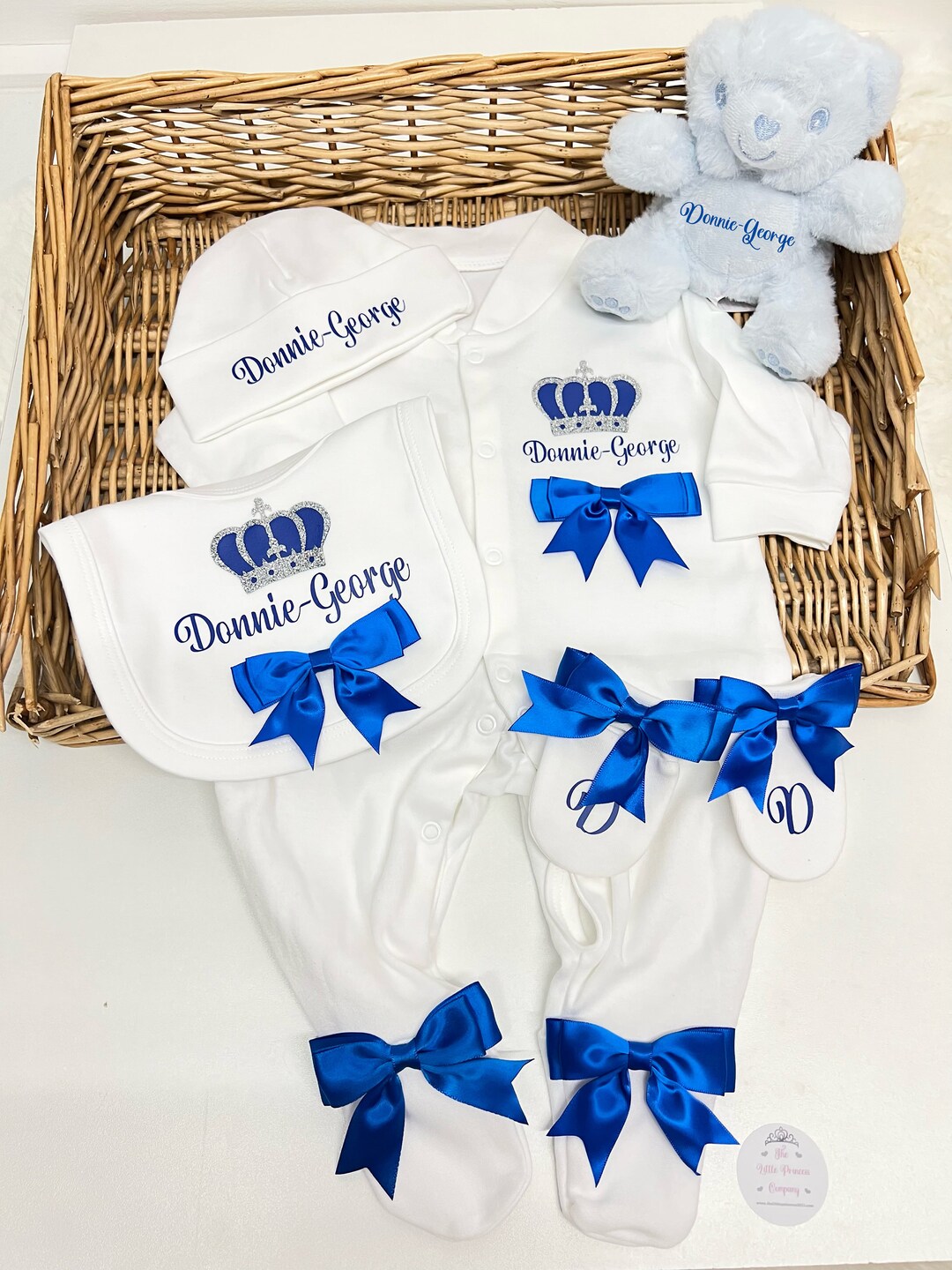 Newborn Baby Boy Sleepsuit Bib Hat Mitts Set Any Name, Personalised Gift With Teddy