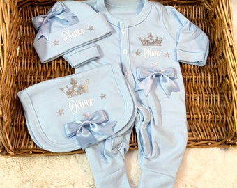 Newborn Baby Homecoming Set. SUPERB QUALITY Sleepsuit Hat bib set.  Personalised Gift
