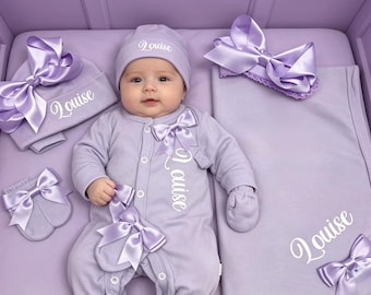 Newborn Baby girl FULL SET sleepsuit hat mitts headband. EXTRAS add a blanket or Teddy or keepsake suitcase or gift box 2nd pic is original