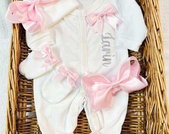 Newborn baby girl LUXURIOUS good quality homecoming set sleep suit, hat, scratch, mittens, headband, any name  Personalised gift