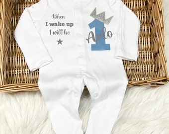 When I wake up, I will be one or two sleep suit, Babygrow, personalised birthday, any name any character baby girl or boy