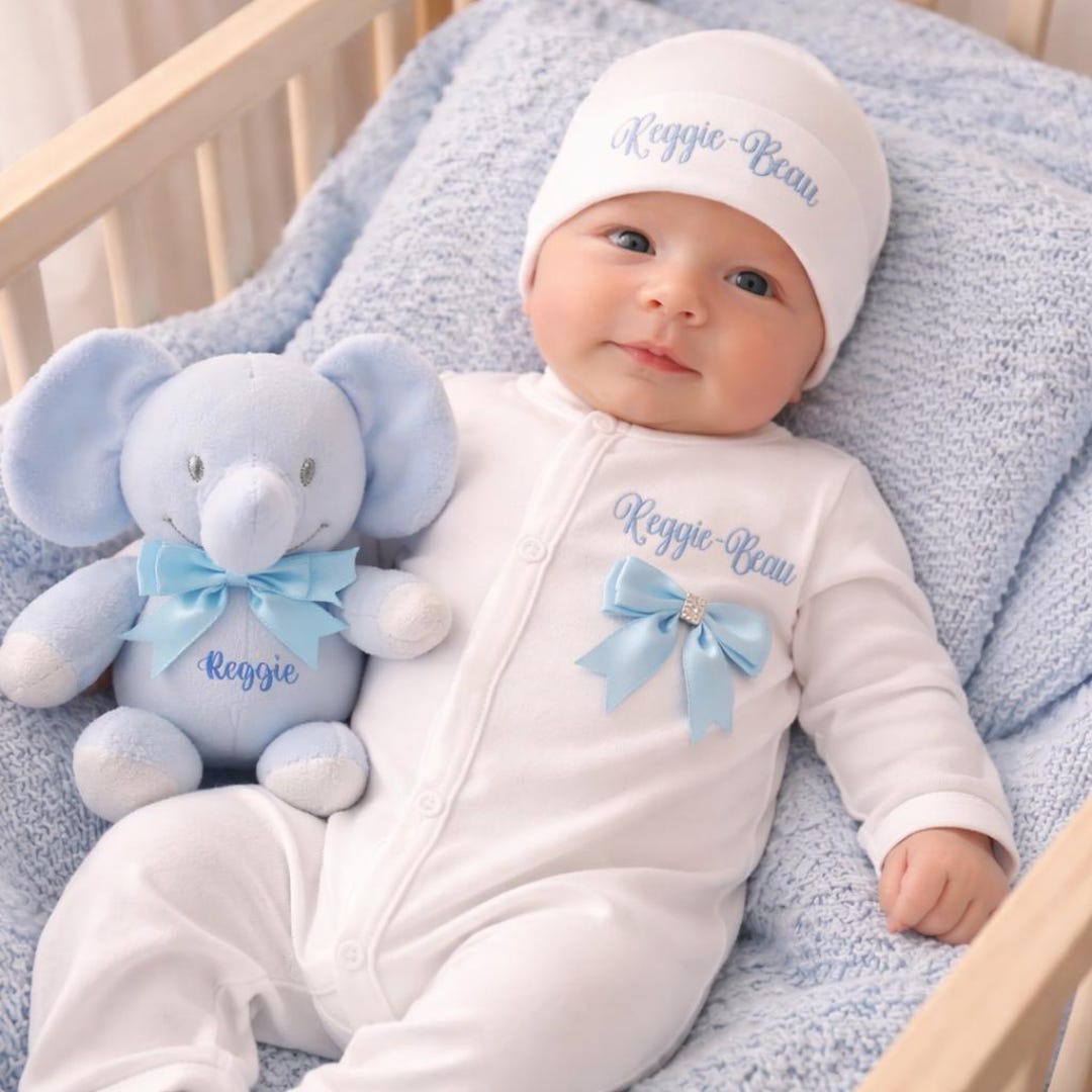 Newborn Baby Boy a FULL SET is a Blue Elephant Comforter Hat Sleepsuit ...