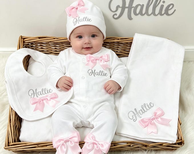 Newborn baby FULL SET  sleepsuit hat bib . EXTRAS add a blanket or Teddy or keepsake suitcase or gift box. 2nd pic is original
