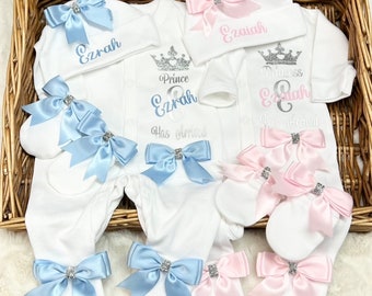 Newborn baby girl  homecoming set, sleepsuit, bib, hat, Personalised gift luxurious bows