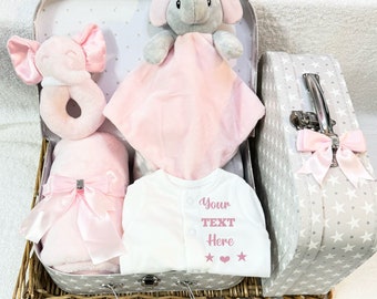 Baby girl/boy hamper newborn memory keepsake suitcase personalised gift sleepsuit/Babygrow hat comforter/bear, mitts blanket  set pink bows