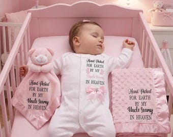 Hand picked for earth heaven Newborn baby blanket+FREE sleepsuit. Personalised EXTRAS add a teddy 2nd pic original