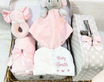 Baby girl/boy hamper newborn memory keepsake suitcase personalised gift sleepsuit/Babygrow hat comforter/bear, mitts blanket  set pink bows