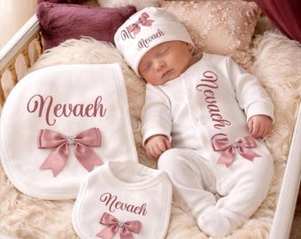 Newborn baby girl a FULL SET is a sleepsuit hat bib. EXTRAS add a blanket or keepsake suitcase  bows second picture is original