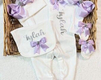 Newborn baby girl  homecoming set sleep suit, hat, scratch, mittens, bib headband, any name  Personalised gift