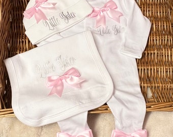 Little sister Newborn baby homecoming set, sleepsuit hat bib a blanket or gift bag can be added