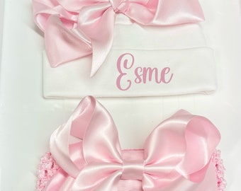 Newborn one size baby hat, headband personalised colour bows exclusive design