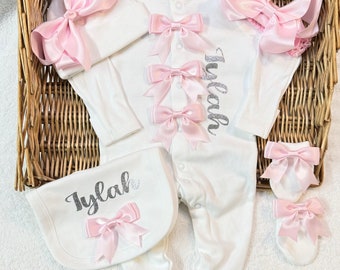 Newborn baby girl  homecoming set sleep suit, hat, scratch, mittens, bib headband, any name  Personalised gift